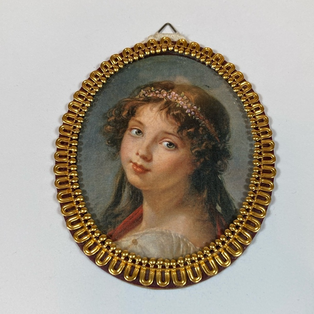 Gold Ornate Metal Hollyw  Regency Miniature Framed Young Girl Portrait Italy